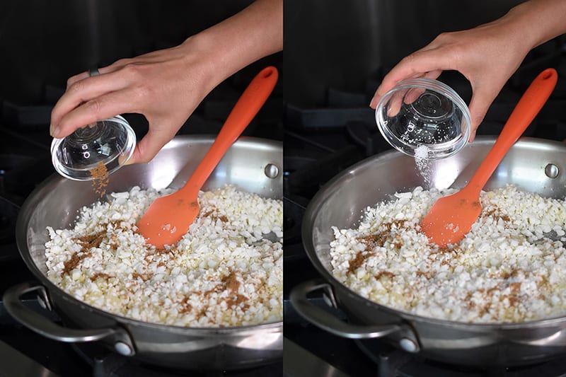 Tossing in the seasoning for Mexican Cauliflower Rice into the pan