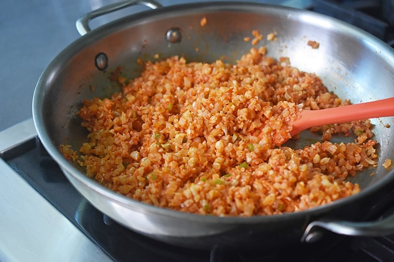 An overhead shot of Mexican Cauliflower Rice in the pan