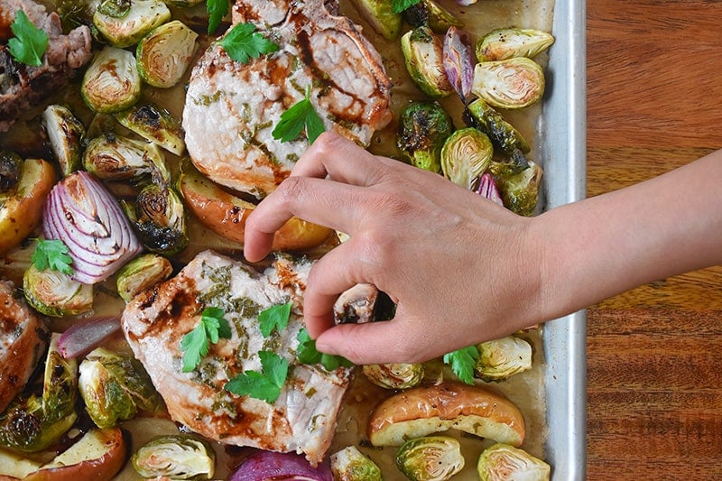 Adding fresh Italian parsley to Sheet Pan Pork Chop Supper 