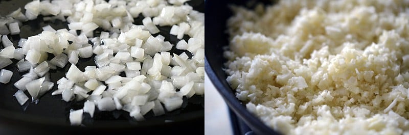 Close up shot of minced onions being sautéed in a skillet. The image on the right as riced cauliflower in the pan.