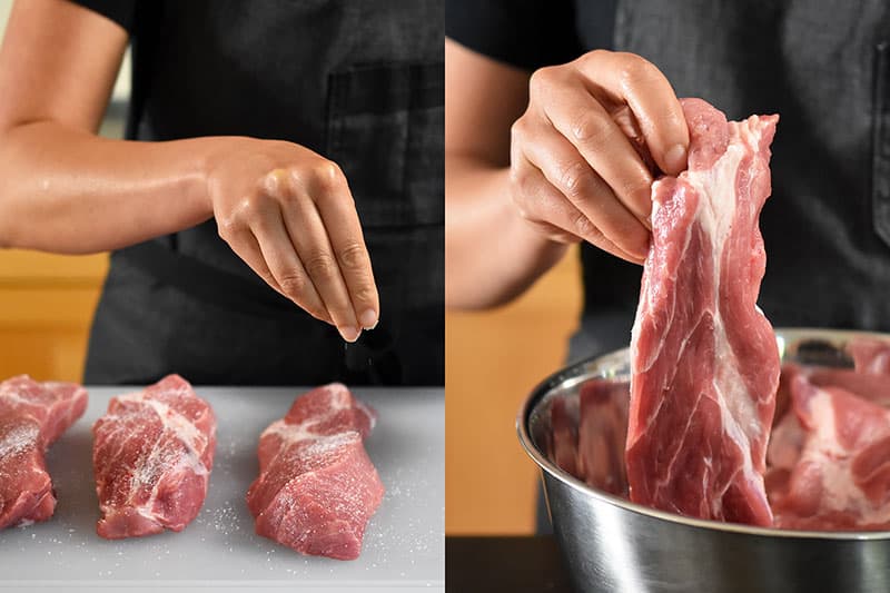 Sprinkling kosher salt on pork shoulder for Paleo Char Siu (Chinese BBQ Pork).
