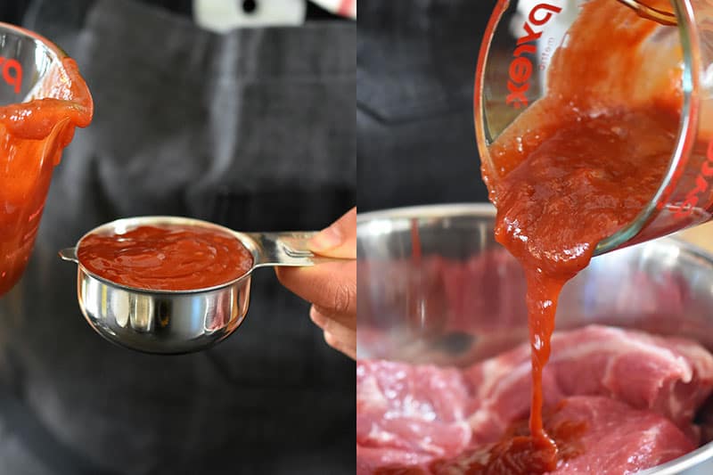 Pouring the marinade on the salted pork shoulder for Paleo Char Siu (Chinese BBQ Pork).
