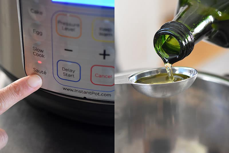The image on the left is a close up of the Instant Pot display panel with a finger pressing the Sauté button. On the right, there is a close up of a bottle of avocado oil being poured into a measuring spoon above an Instant Pot.