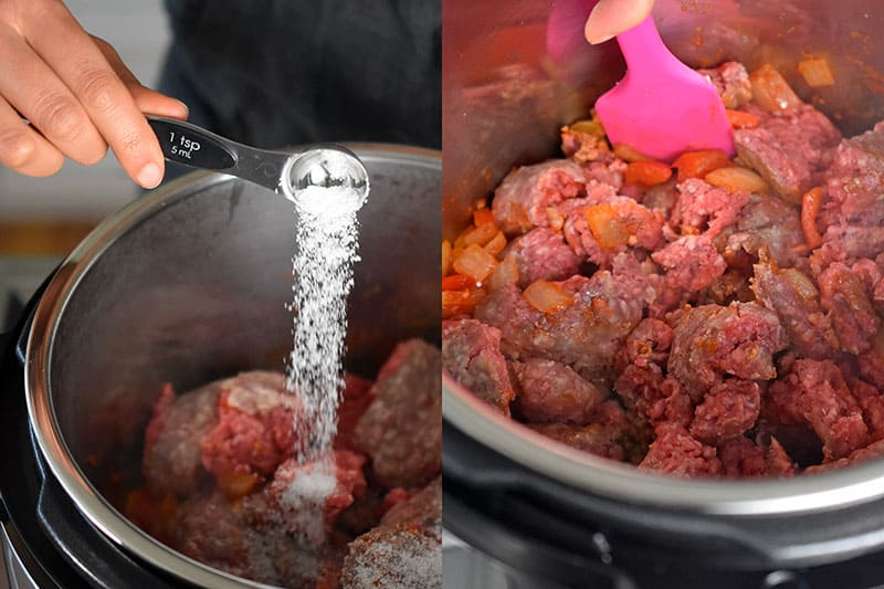 In the image on the left, a hand is sprinkling salt from a measuring spoon onto the Instant Pot Ground Beef Chili. In the image on the right a pink spatula is stirring the contents of Instant Pot ground beef chili.
