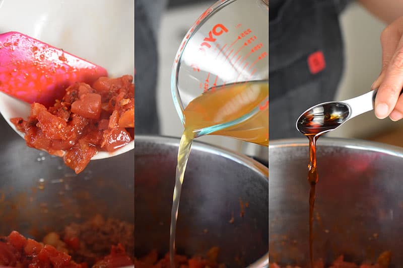 Three side by side images of drained diced tomatoes, broth, and fish sauce being added to an open Instant Pot.
