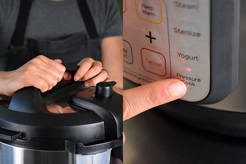 In the image on the left, two hands are shown locking the lid on an Instant Pot. In the image on the right, there is a closeup of a finger pressing the Pressure Cook button on an Instant Pot display panel.