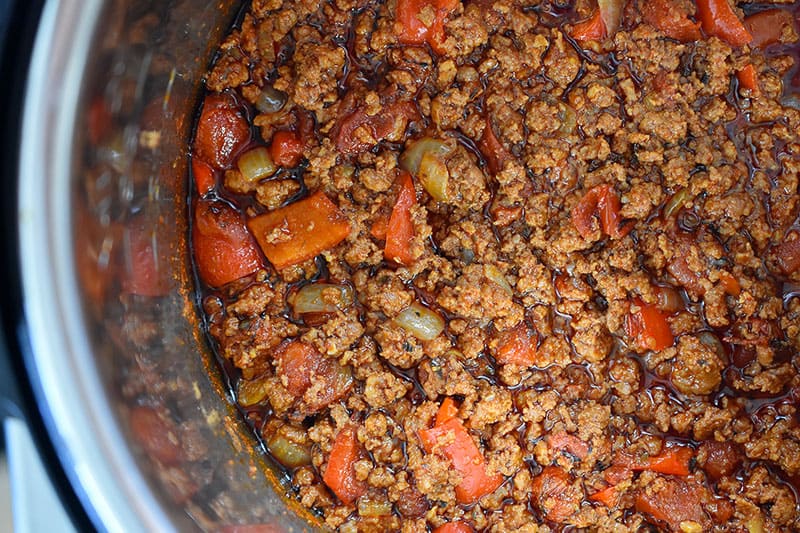 An overhead shot of Instant Pot Ground Beef Chili right after it is down cooking under pressure. 