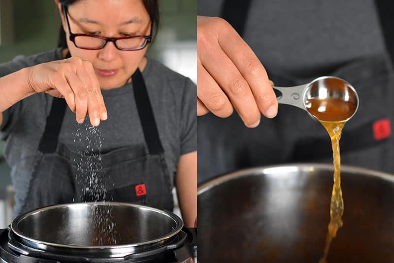 In the image on the left, a woman in glasses is sprinkling salt into an open Instant Pot. In the image on the right, a hand is shown pouring apple cider vinegar from a measuring spoon into an open Instant Pot.