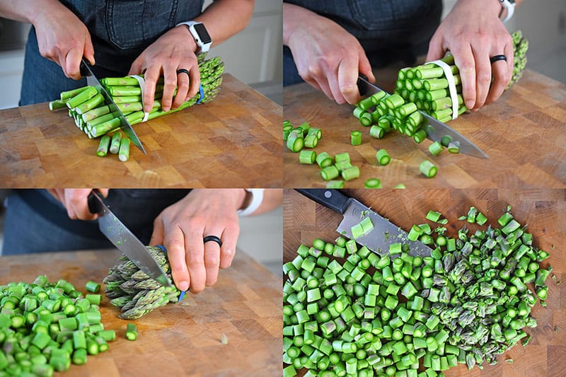 Trimming the ends of asparagus and cutting the stalks into thin coins for Spicy Pork and Asparagus Stir-Fry 
