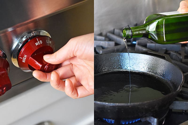 Turning a burner onto medium heat and adding avocado oil to an empty cast iron skillet. 
