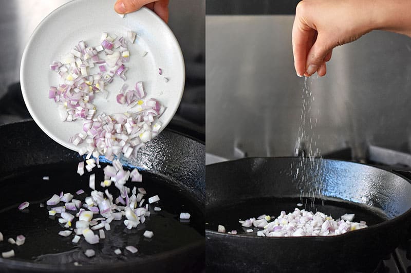 Adding diced shallots and a sprinkle of salt to a cast iron skillet.