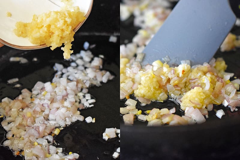 Adding minced garlic to the sautéed diced shallots in the pan 