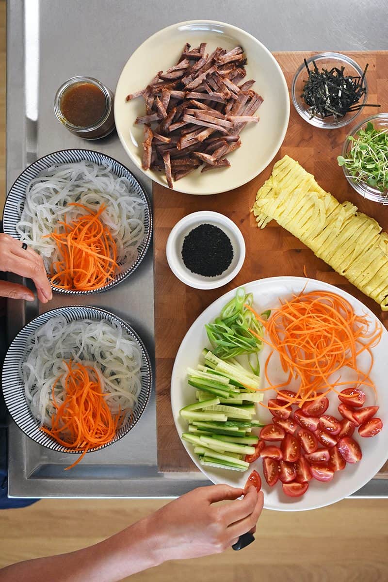 An overhead shot of all the prepped ingredients for Paleo Hiyashi Chūka.