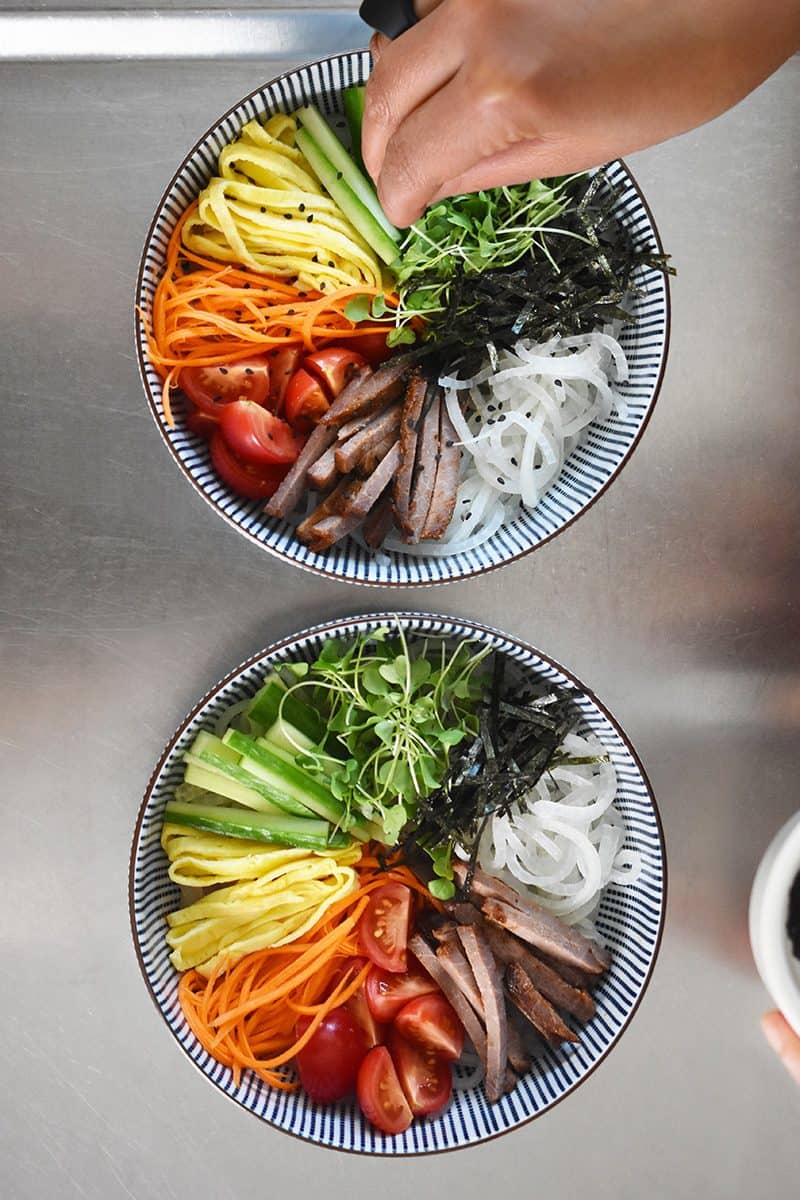 Two prepped bowls of Paleo Hiyashi Chūka.
