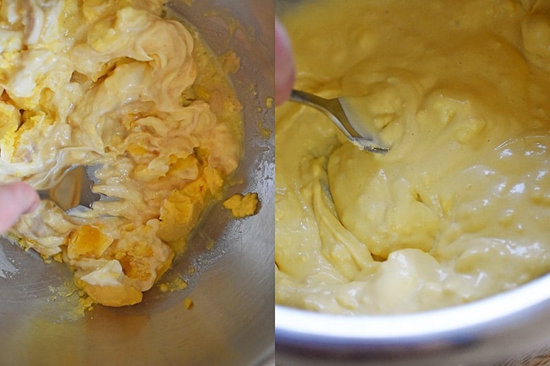 The yolks, mayonnaise, mustard, and lemon juice are mixed until smooth.