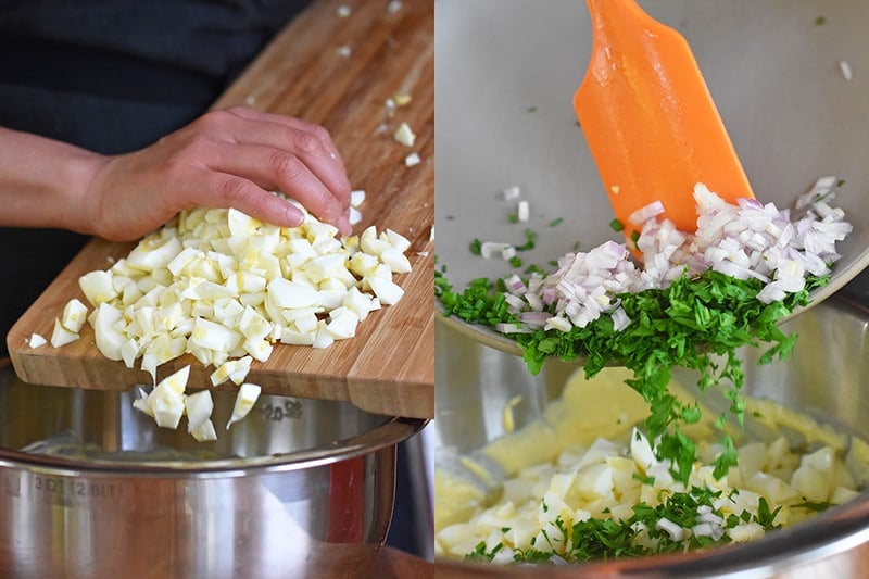 The diced egg whites and herbs are added to the creamy egg yolk/mayo mixture.