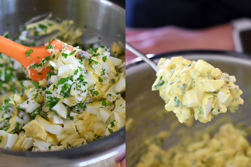 All the ingredients for bacon Deviled Egg Salad are mixed carefully.