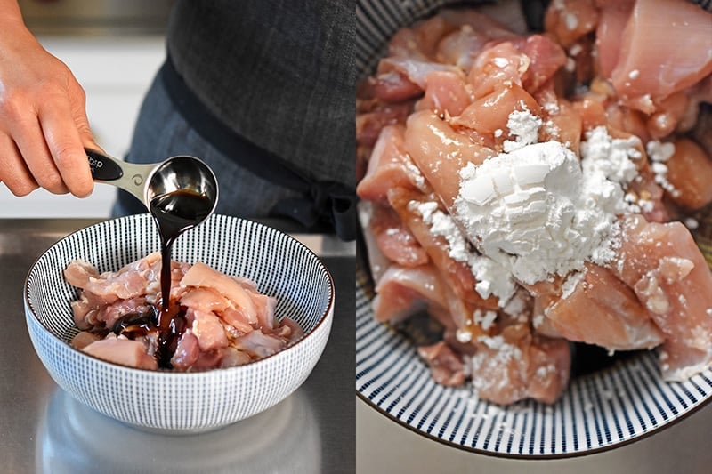 Adding the marinade ingredients to sliced chicken thighs to make Paleo, Whole30, and gluten-free Chicken Chow Mein 