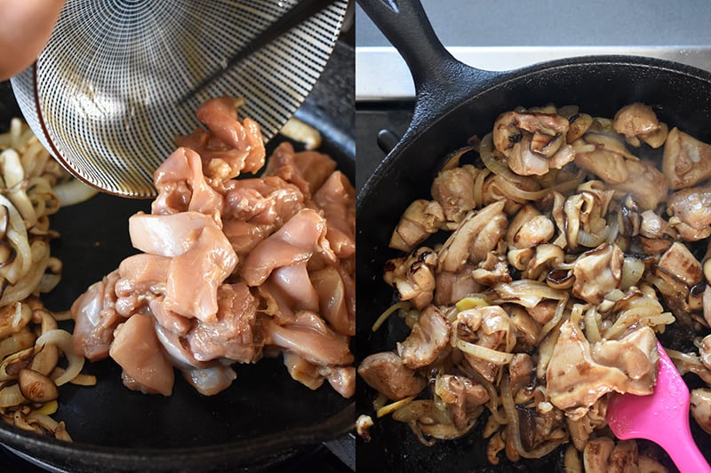 Adding the marinated chicken thighs to the pan with the vegetables to make Paleo Chicken Chow Mein 