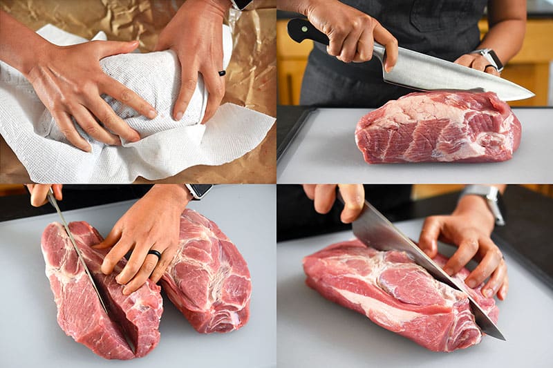 Someone drying and slicing up pork shoulder.
