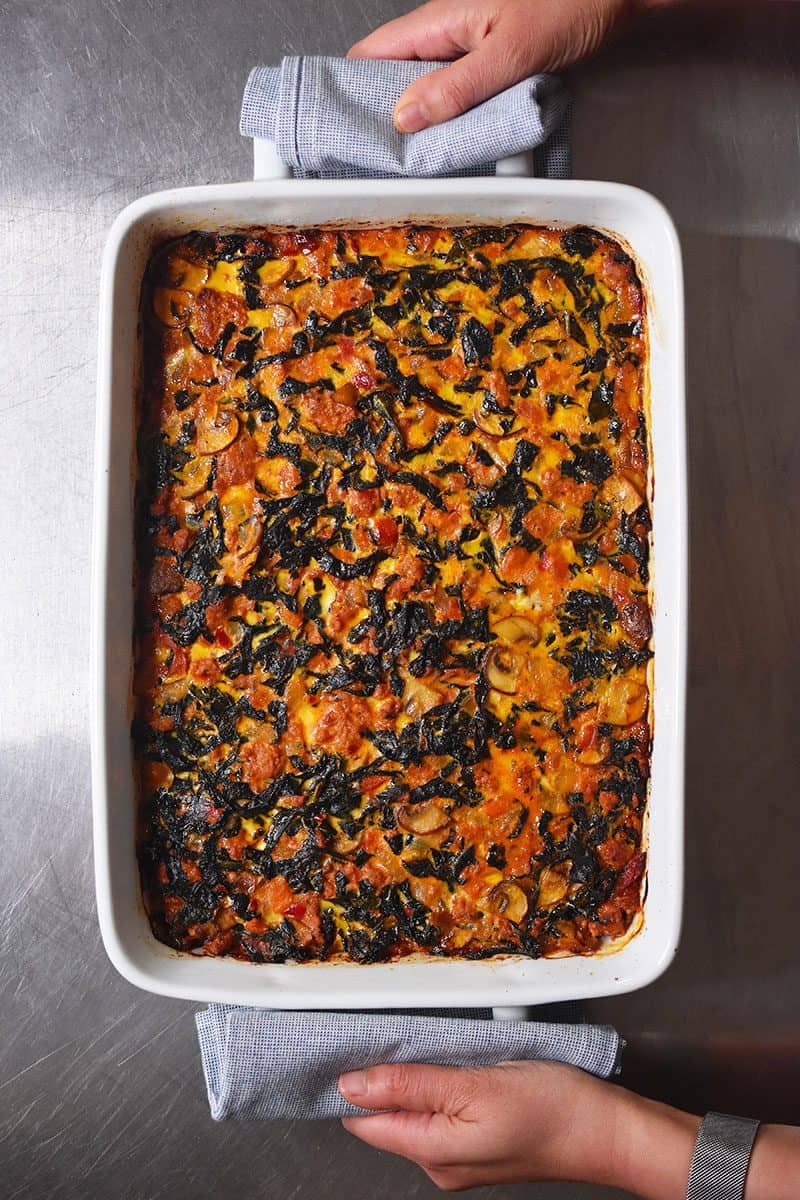An overhead shot of Italian Sausage an Kale Casserole, a one-pan, Whole30-friendly, comforting supper that will please the whole family!