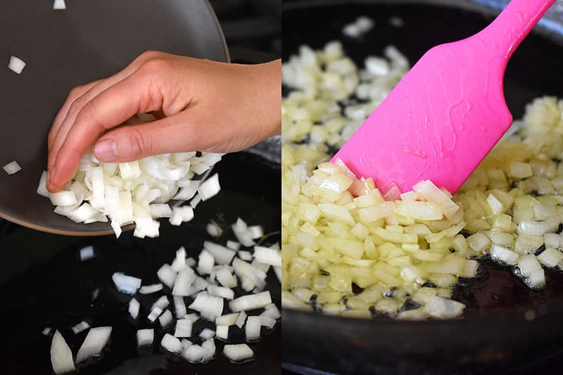 Someone adding onions into a pan and stir frying them.