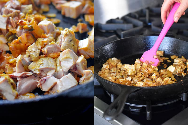 Stirring in chicken to a pan with kimchi and onions.