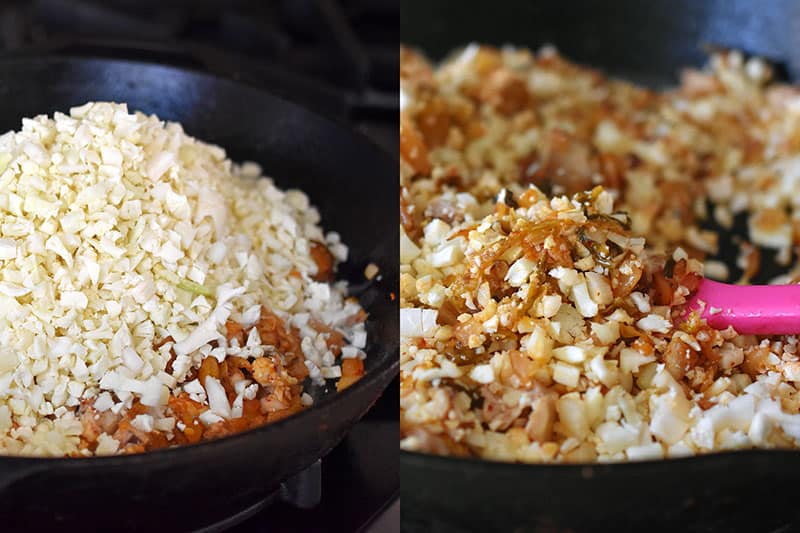 Cauliflower rice added into the pan with fried kimchi, chicken, and onions.