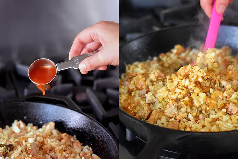 Someone adding kimchi juice into the pan.