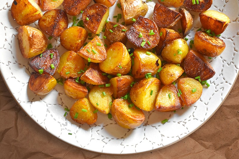 An overhead shot of a plate of Instant Pot (Pressure Cooker) Crispy Potatoes 