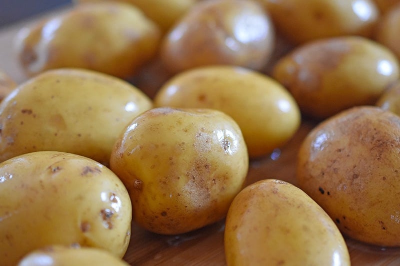 A closeup of small brown-skinned potatoes, freshly scrubbed