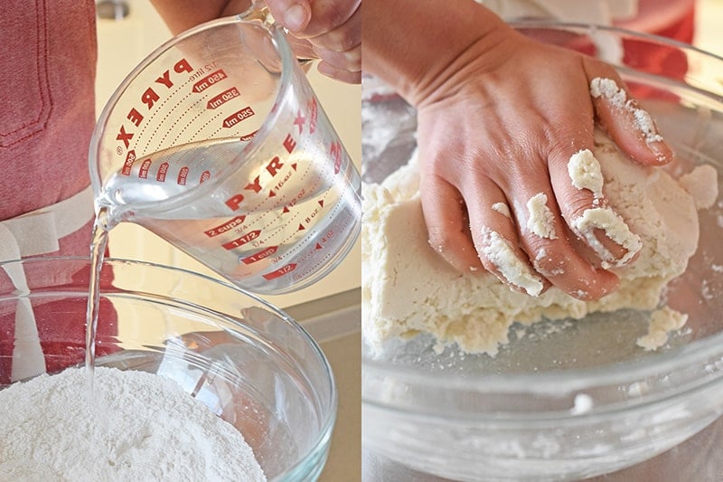 Adding hot water to the form the dough for Paleo Scallion Pancakes and kneading them by hand.
