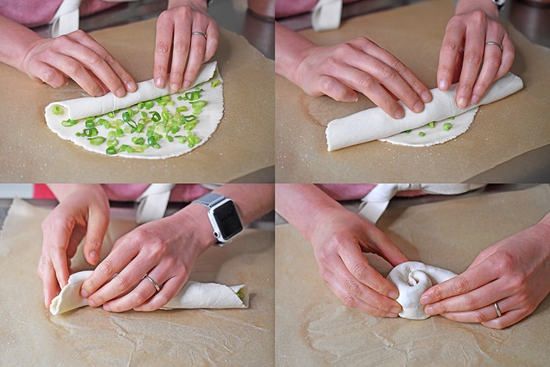 A four-step shot that shows someone rolling up the Paleo Scallion Pancake dough into a cigar shape and then wrapping it around like a cinnamon roll.