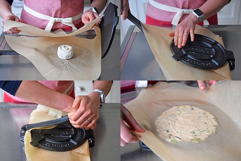 A four-step shot of someone flattening the Paleo Scallion Pancake dough in a tortilla press