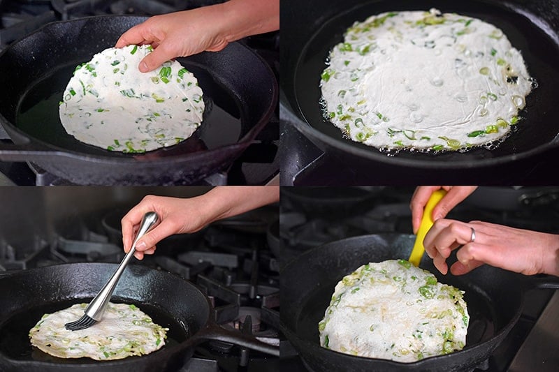 A four-step shot of someone frying a Paleo Scallion Pancake in a large cast iron skillet.