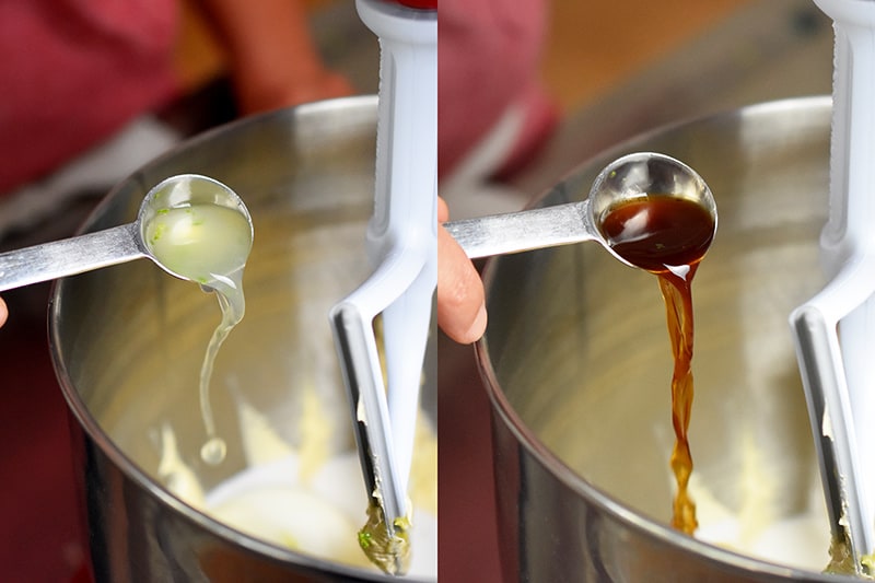 Adding lime juice and vanilla to the wet ingredients in the stand mixer.