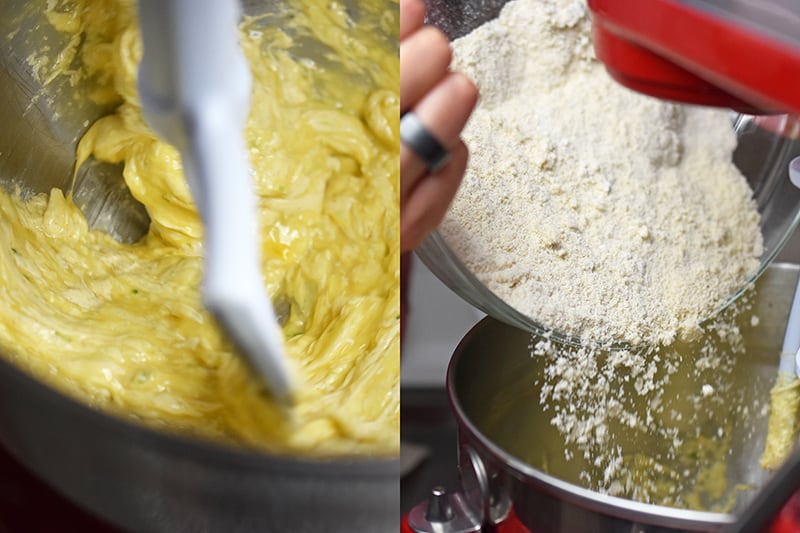 On the left is the wet ingredients in the stand mixer. On the right, someone is adding half the dry ingredients to the wet ingredients in the mixer.