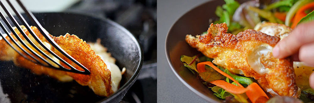 A spatula lifting up a crispy fried egg that shows the golden brown frizzled whites.