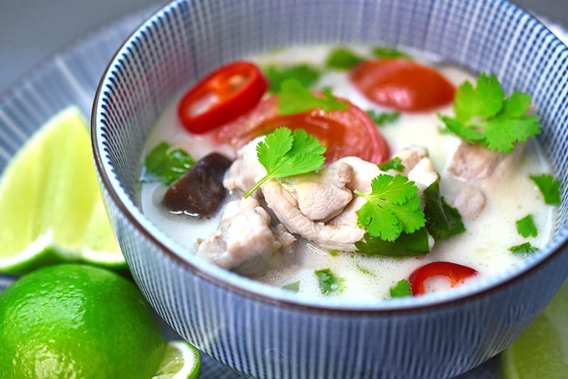 A bowl of homemade Whole30 and keto Tom Kha Gai ready to eat