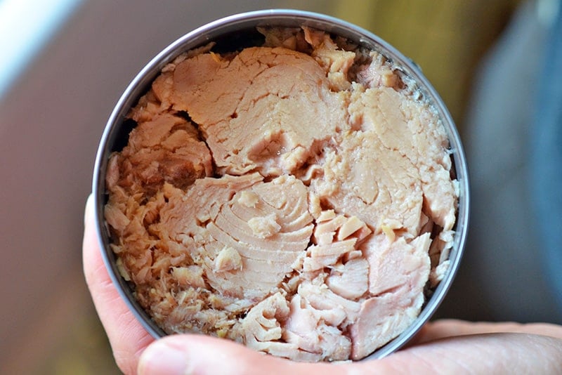 An overhead shot of a can of tuna in olive oil, with the oil drained out.
