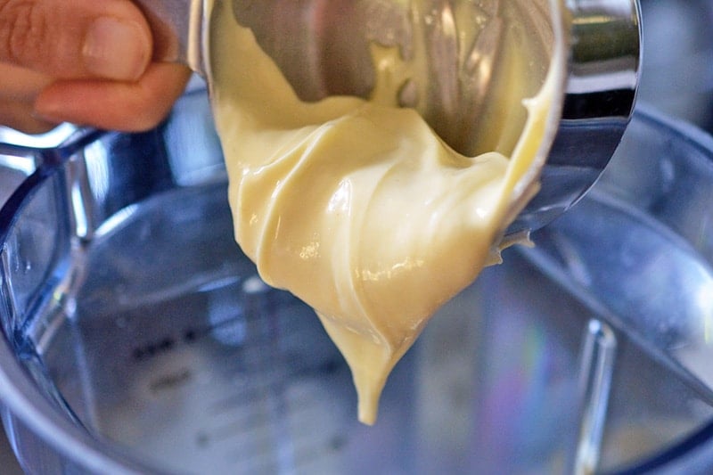 A hand is adding paleo mayonnaise to an open blender container to make Tonnato Sauce 