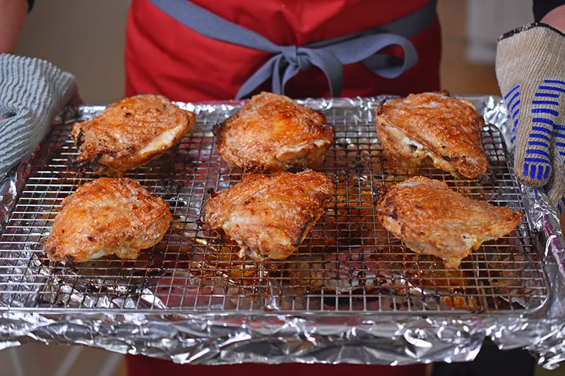 A finished tray of Umami Roast Chicken fresh from the oven.