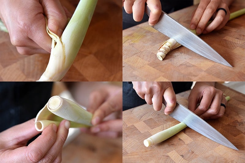 Cutting and trimming fresh lemongrass for Vietnamese Lemongrass Chicken