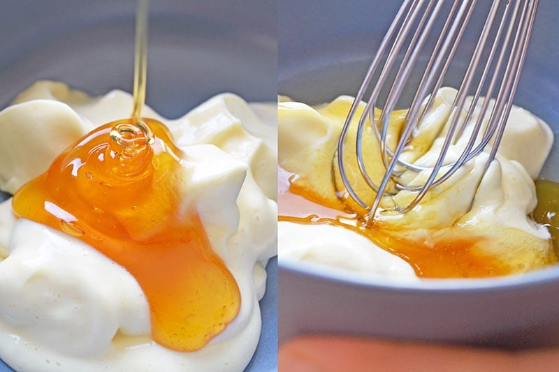 Whisking together the mayonnaise and honey to make the coating for Paleo Walnut Shrimp 