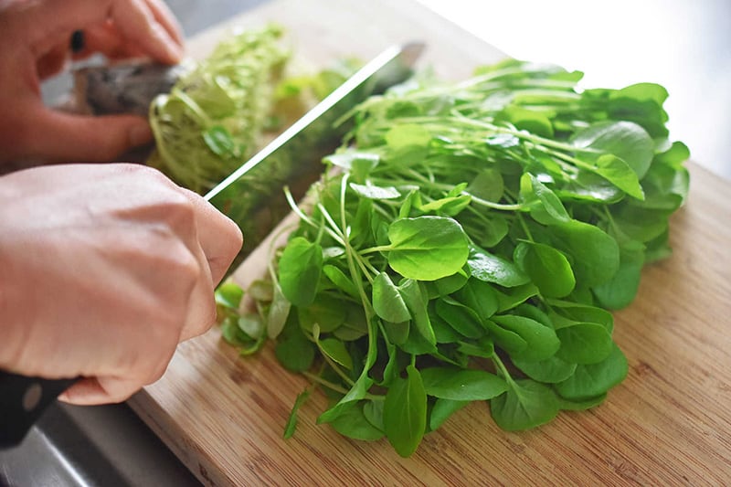 Cutting the roots off a bunch of fresh watercress.