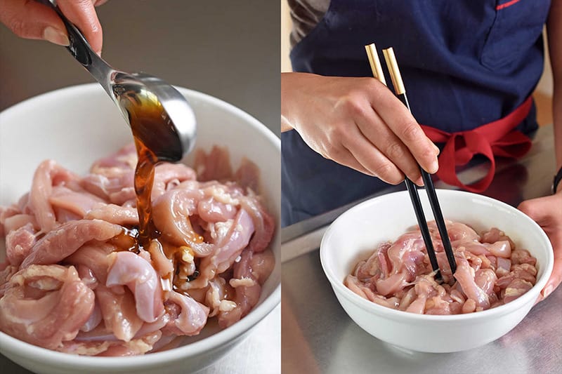 Marinating the sliced chicken thighs for Watercress & Chicken Soup.