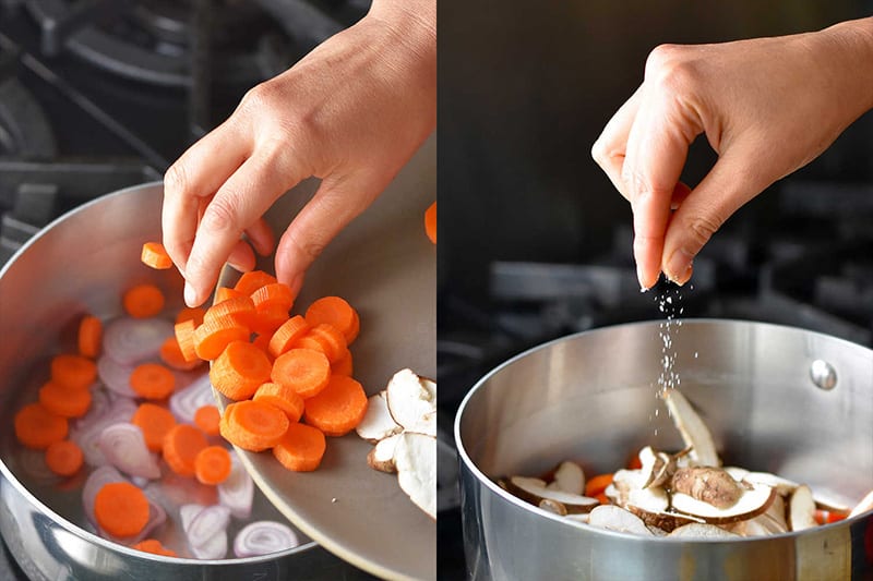 Cooking the vegetables in a large saucepan for Watercress and Chicken Soup. 