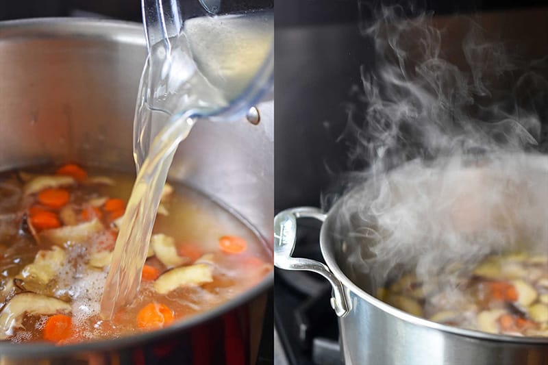 Pouring broth into the pot for Watercress & Chicken Soup.