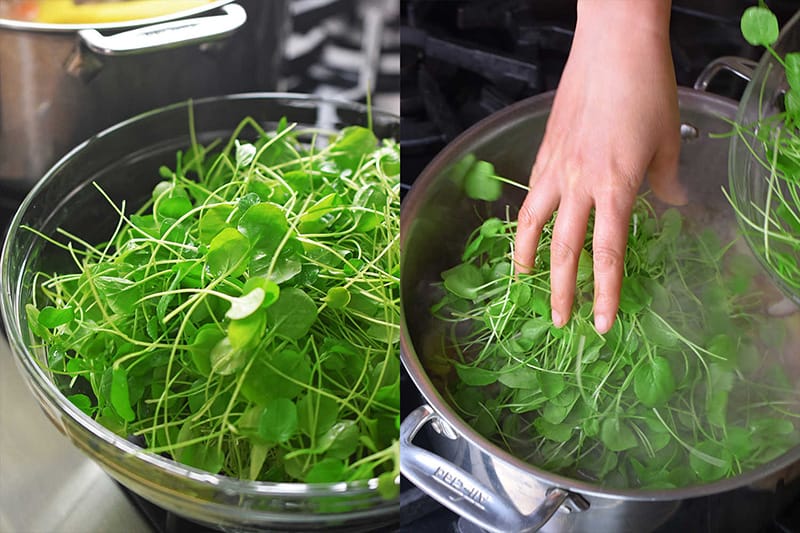 The tender watercress is added to the Watercress & Chicken Soup off the heat.