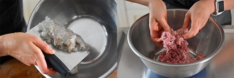 Transferring the minced shrimp and ground pork to a silver bowl.